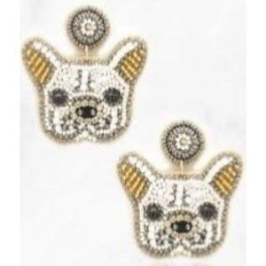 Viola French Bulldog Beaded Dangle Earrings White Gold NWT